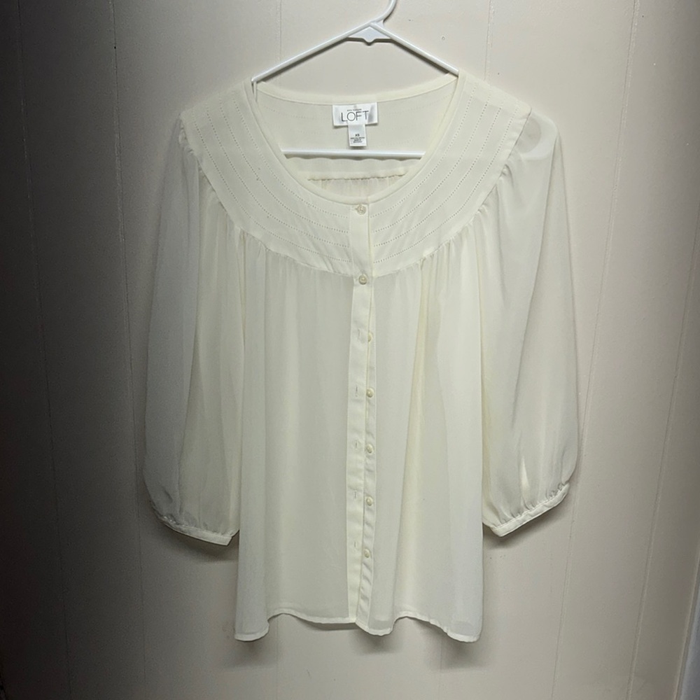 LOFT Cream Blouse with Bib Collar and Ruffled 3/4 Sleeves